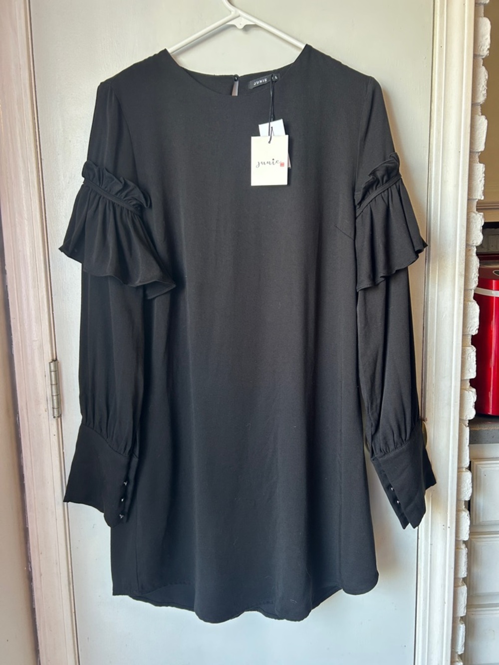 Black Long Sleeve Ruffle Shift Mini Casual Dress